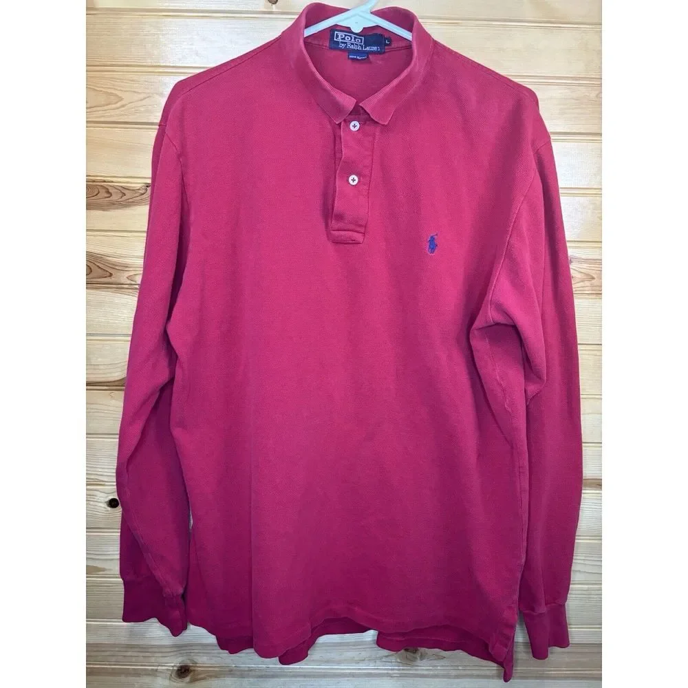 Vintage Polo by Ralph Lauren Long Sleeve Rugby Polo Shirt‎ Red Large Made in USA